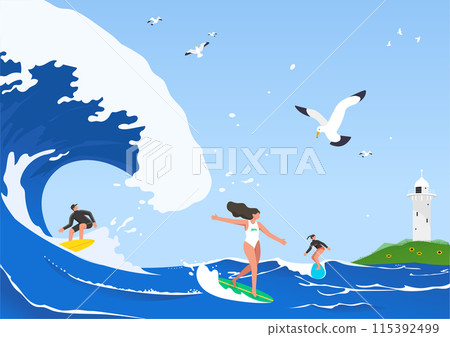 a man and a woman enjoying surfing 115392499