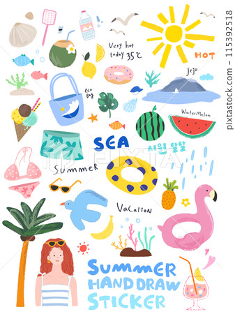 Various summer objects and person stickers 115392518