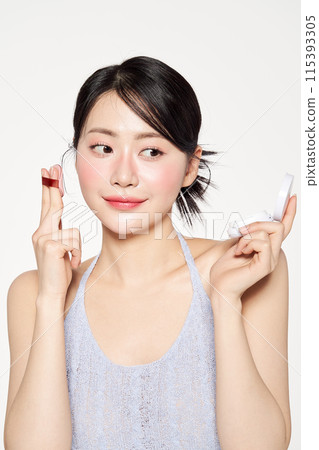 Asian Woman Stares in One Place with Cushion Fact 115393305