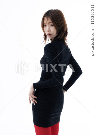 Korean Woman Wearing Black Dress and Red Leggings Korean Woman Wearing Black Dress and Red Leggings 115393511