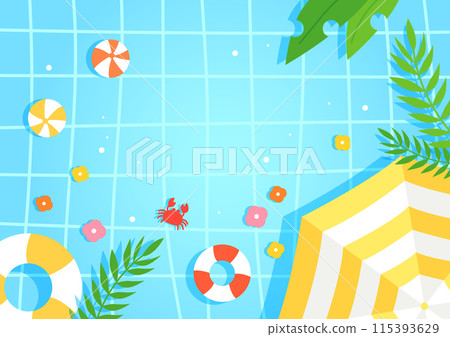 Summer water swimming pool background illustration with flowers and palm trees and beach ball parasol tubes seen from above Summer water swimming pool background illustration with flowers and palm trees and beach ball parasol tubes seen from above 115393629