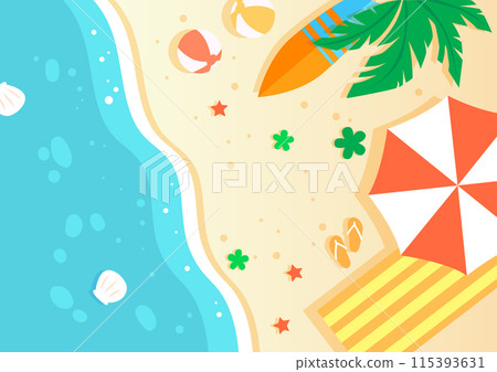 Beach beach sand beach background illustration with surfboard beach ball parasol seen from above Beach beach sand beach background illustration with surfboard beach ball parasol seen from above 115393631