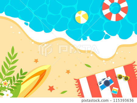Summer Beach Beach Beach Sand Beach Background Illustration with Surfboard Beach Ball Tube Parasol Mat seen from above Summer Beach Beach Beach Sand Beach Background Illustration with Surfboard Beach Ball Tube Parasol Mat seen from above 115393636