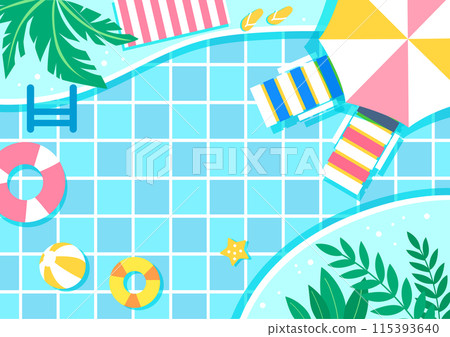 Summer Water Swimming Pool Background Illustration with Palm Tree Parasol Tube Beach Mat From Top 115393640