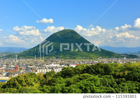 [Kagawa Prefecture] The townscape of Marugame City and Mt. Iino (Sanuki Fuji) as seen from Mt. Aonoyama 115393801