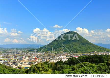[Kagawa Prefecture] The townscape of Marugame City and Mt. Iino (Sanuki Fuji) as seen from Mt. Aonoyama 115393805