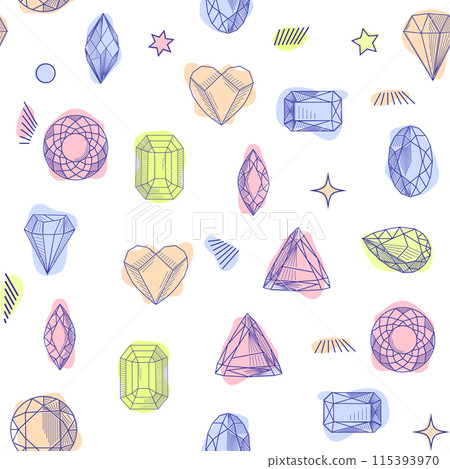 Gemstone crystal seamless pattern. Pastel gems and stars on white background Gemstone crystal seamless pattern. Pastel gems and stars on white background 115393970