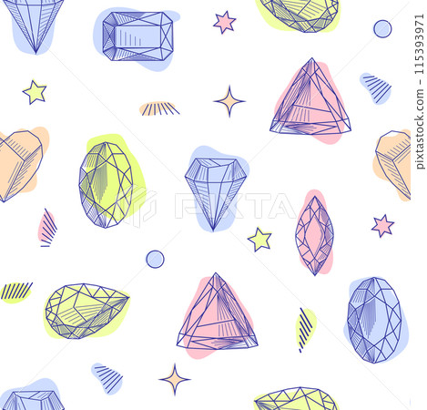 Gemstone crystal seamless pattern. Pastel gems and stars on white background 115393971