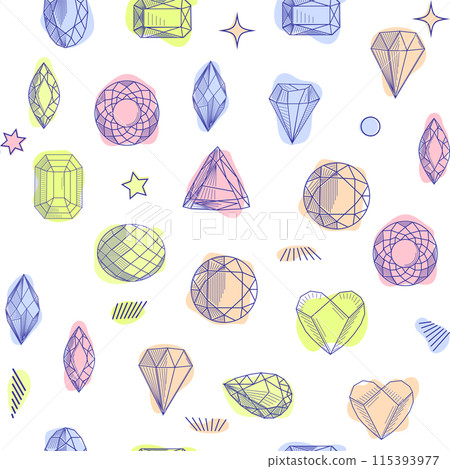 Gemstone crystal seamless pattern. Pastel gems and stars on white background 115393977