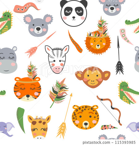 Seamless baby pattern with cute tribal animal faces. Illustration in Scandinavian style, Indians with feathers Seamless baby pattern with cute tribal animal faces. Illustration in Scandinavian style, Indians with feathers 115393985