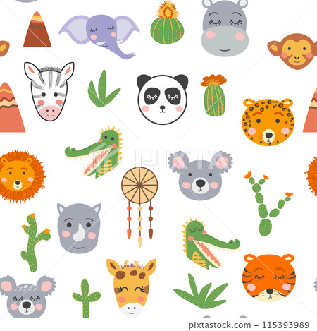 Seamless pattern with cute tribal animal faces. Illustration in boho style, dream catcher, cactus, palm trees, tropics Seamless pattern with cute tribal animal faces. Illustration in boho style, dream catcher, cactus, palm trees, tropics 115393989