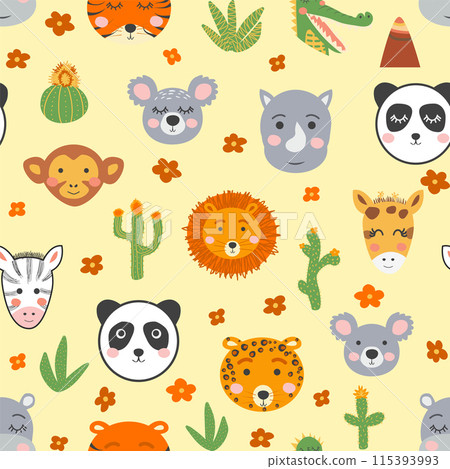 Seamless pattern with cute tribal animal faces. Illustration in boho style, dream catcher, cactus, palm trees, tropics 115393993
