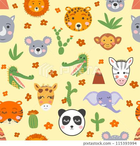 Seamless pattern with cute tribal animal faces. Illustration in boho style, dream catcher, cactus, palm trees, tropics 115393994