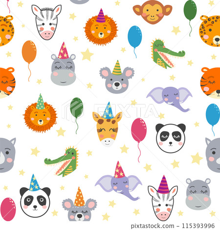 Seamless pattern with cute animal faces. Holiday illustration, birthday, balls, caps 115393996