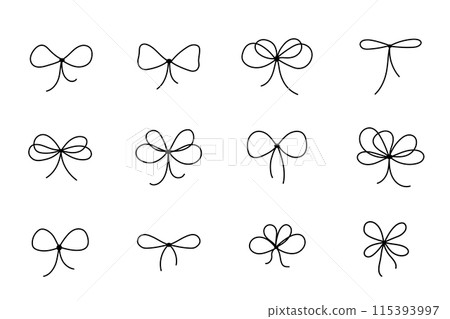 Gift bow icons set. Doodle vector line drawing. Outline minimal tie hand drawn sketch isolated on white 115393997