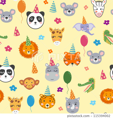 Seamless pattern with cute animal faces. Holiday illustration, birthday, balls, caps Seamless pattern with cute animal faces. Holiday illustration, birthday, balls, caps 115394002