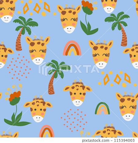 Seamless pattern with cute tribal animal faces. Illustration in boho style, dream catcher, cactus, palm trees, tropics Seamless pattern with cute tribal animal faces. Illustration in boho style, dream catcher, cactus, palm trees, tropics 115394003