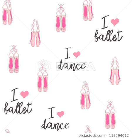 Seamless pattern with ballet pointe shoes and additional elements, imitation of a sketch, watercolors. Ballet school Seamless pattern with ballet pointe shoes and additional elements, imitation of a sketch, watercolors. Ballet school 115394012