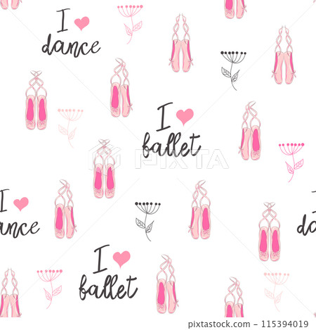 Seamless pattern with ballet pointe shoes and additional elements, imitation of a sketch, watercolors. Ballet school 115394019