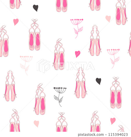 Seamless pattern with ballet pointe shoes and additional elements, imitation of a sketch, watercolors. Ballet school 115394023