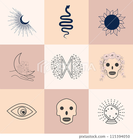 Set of magic symbols, celestial seamless pattern. Astrological, magical and esoteric symbols Set of magic symbols, celestial seamless pattern. Astrological, magical and esoteric symbols 115394050