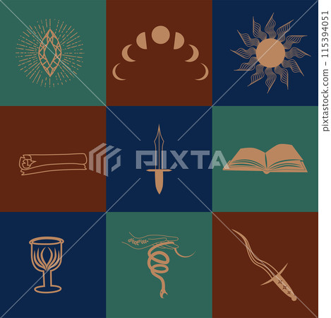 Set of magic symbols, celestial seamless pattern. Astrological, magical and esoteric symbols Set of magic symbols, celestial seamless pattern. Astrological, magical and esoteric symbols 115394051