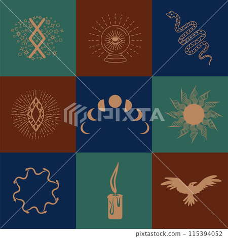 Set of magic symbols, celestial seamless pattern. Astrological, magical and esoteric symbols Set of magic symbols, celestial seamless pattern. Astrological, magical and esoteric symbols 115394052