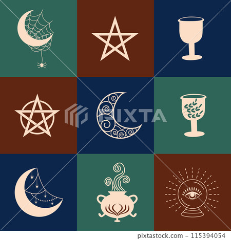 Set of magic symbols, celestial seamless pattern. Astrological, magical and esoteric symbols Set of magic symbols, celestial seamless pattern. Astrological, magical and esoteric symbols 115394054