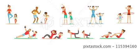 Parent and Child Doing Sportive Physical Exercise and Training Together Vector Set Parent and Child Doing Sportive Physical Exercise and Training Together Vector Set 115394160