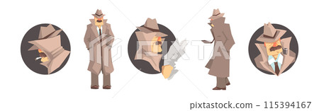 Inspecting Man Detective Character in Hat and Coat Vector Set 115394167