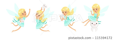 Blond Little Girl Tooth Fairy Flying with Wings Vector Set 115394172