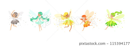 Cute Girl Fairy with Wing and Colorful Dress Vector Set Cute Girl Fairy with Wing and Colorful Dress Vector Set 115394177