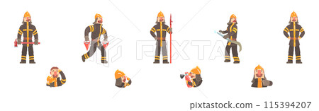 Funny Man Firefighter Character in Uniform Vector Set Funny Man Firefighter Character in Uniform Vector Set 115394207