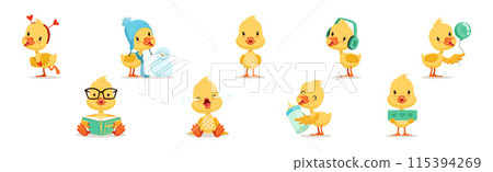 Little Yellow Duck Chick Different Emotion And Situation Vector Set 115394269