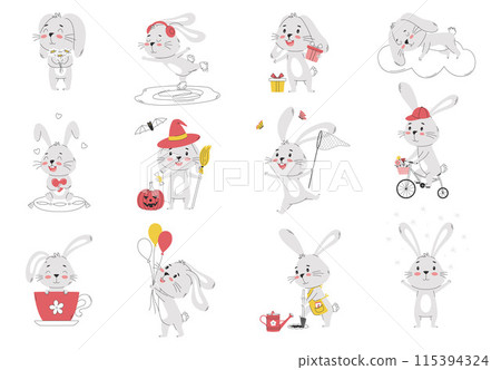 Set of a cute cartoon various bunnies 115394324