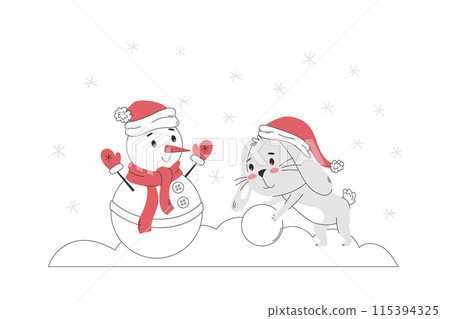 Rabbit rolls a snowball, makes a snowman. 115394325