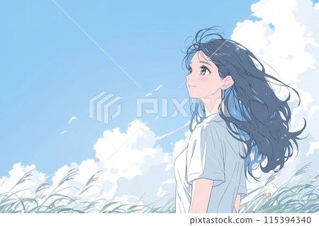 一個女孩看著夏日的天空,夢想著未來 一個女孩看著夏日的天空,夢想著未來 115394340
