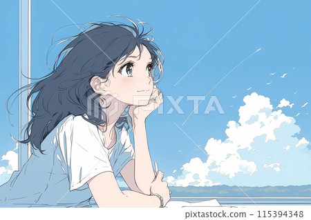 一個女孩看著夏日的天空，夢想著未來 115394348