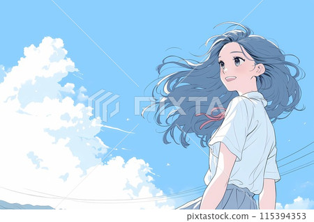 一個女孩看著夏日的天空,夢想著未來 一個女孩看著夏日的天空,夢想著未來 115394353