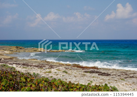 Turquoise blue waters of the Caribbean Sea on the island of Cozumel, Mexico Turquoise blue waters of the Caribbean Sea on the island of Cozumel, Mexico 115394445