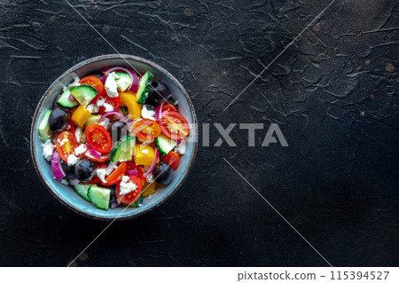Greek salad. Fresh tomato, cucumber, bell pepper, Feta cheese, onion 115394527
