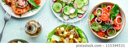 Fresh salads panorama, overhead flat lay shot of an assortment Fresh salads panorama, overhead flat lay shot of an assortment 115394531