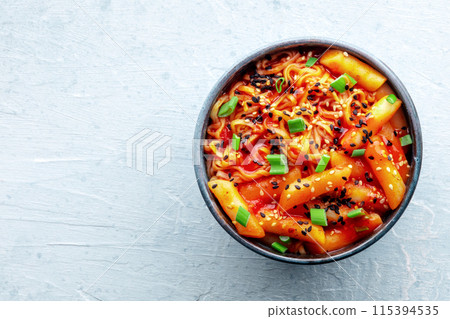 Rabokki, tteokbokki or topokki with ramen, Korean street food, spicy rice cakes 115394535