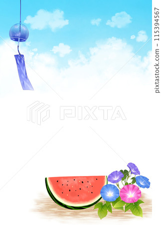 西瓜、牽牛花、風鈴和雷雲夏天背景垂直 西瓜、牽牛花、風鈴和雷雲夏天背景垂直 115394567