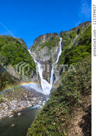 [富山縣_稱名瀑布_榿木瀑布] 在新綠之中，壯觀的瀑布形成V字形，形成彩虹橋。 115394657