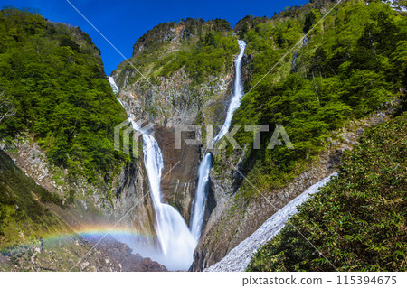 [Toyama Prefecture_Shomyo Falls_Hannoki Falls] Amidst the fresh greenery, a magnificent sight emerges as the famous waterfall forms a V-shape and creates a rainbow bridge. 115394675