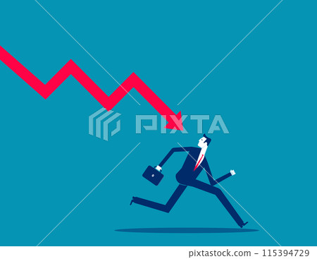 Failed businessman run away from falling down arrow chart. Business economic recession vector concept Failed businessman run away from falling down arrow chart. Business economic recession vector concept 115394729