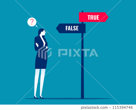 True and False vector concept. Businesswoman thinking about choosing the right direction True and False vector concept. Businesswoman thinking about choosing the right direction 115394746