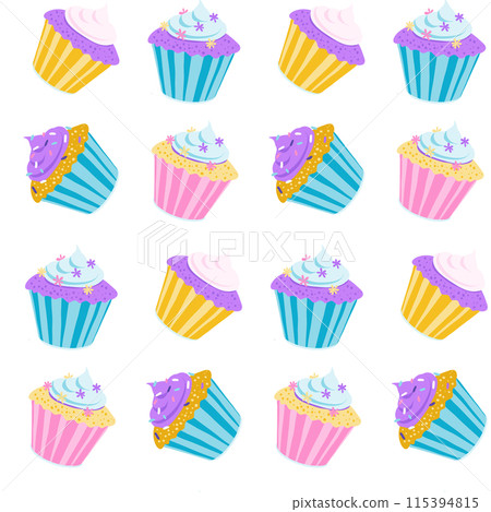 Whimsical Pastel Desserts cupcakes - Colorful Vector Illustration for Fabrics, Wallpapers, and Stationery 115394815