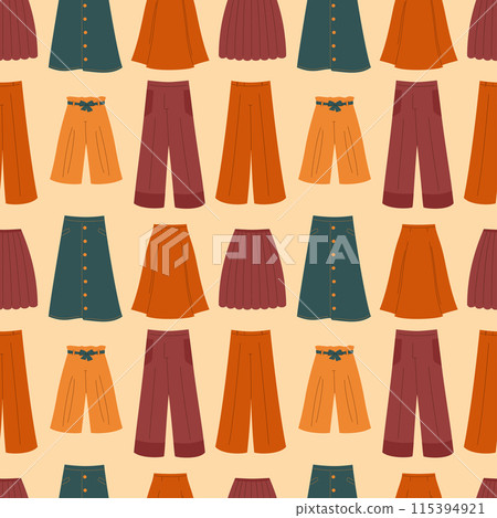 Seamless vector pattern of women pants and skirts. Trendy and stylish fashion illustration 115394921